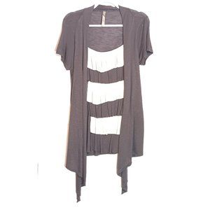 Andrea Ruffle Short Sleeve Blouse With Faux Cardigan Gray White Missy Size M